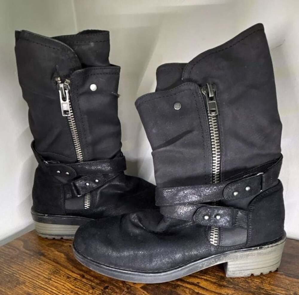 Carlos by Carlos Santana Black Mid-Calf Buckle Moto Boots